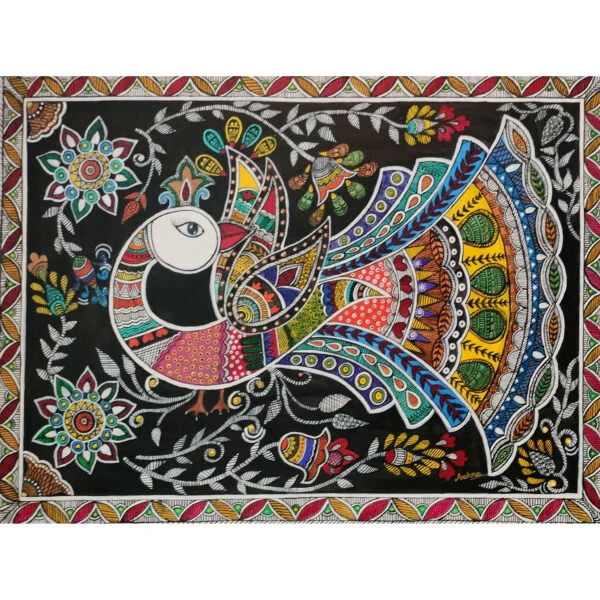 The Madhubani Acrylic Painting by Archana Gupta features a beautiful peacock design with intricate floral patterns. Crafted with premium acrylic paints, this painting measures 18" l x 24" h x 1" d. The vibrant colors and exquisite details make it perfect to adorn any wall, adding a touch of elegance and sophistication to your decor. Invest in this timeless piece of art and experience the beauty of Madhubani art like never before.