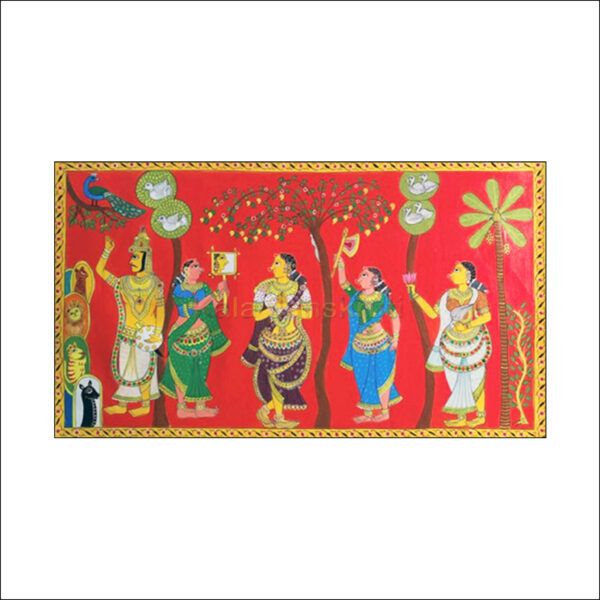 Cheriyal Painting An Indian folk art form that is unique to the state of Telangana is widely popular due to the unique rural element which renders an aura of exclusivity and charm for the art items. It represents the pride of Telangana, especially the region's tryst with such rare and unique art forms. This artwork dates back 500 years, to the time when the Warangal district was ruled by the Decani dynasty. This is a narrative form of scroll painting. Title: The bride and her maids Medium: Acrylic on canvas . Size : 24 X 48 Inches