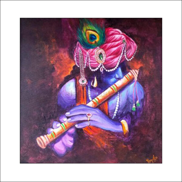 original handmade acrylic painting by artist Yogita Kolge -Artist: Yogita Kolge -Title: Krishna 001 -Size: 12 X 12 Inches Medium: Acrylic on Canvas -Original handmade painting attached with a certificate of authenticity, with photo, date, name of the work, and artist signature. -Shipping: Rolled in a tube