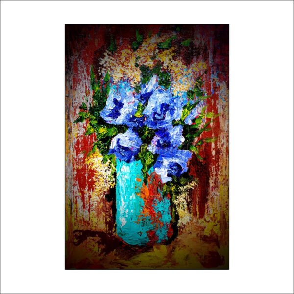 This bright, colorful impressionistic floral painting is guaranteed to become the focal point of any room. Created with thick acrylic paint and a palette knife, this artwork combines texture and vivid colors for a look that pops. - Impressionistic palette knife painting technique - Bold, vibrant colors capture flowers in full bloom - Thick, textured brushstrokes add visual interest